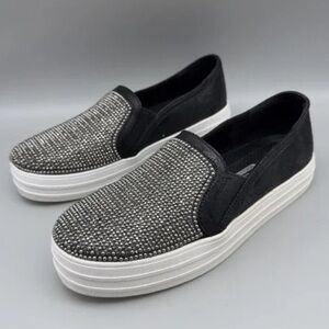 Skecher Street Shoes Womens Size 6.5 Black Rhinestone Slip On Platform Sneakers